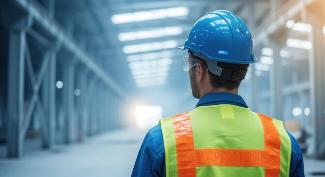 Industrial worker in safety gear inspecting factory interior.