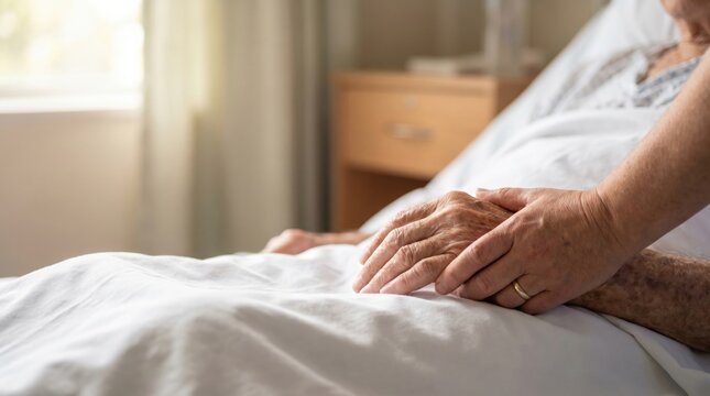 Caring hand holding an elderly persons hand in a hospital bed, offering comfort and support.