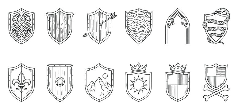 Hand drawn medieval heraldry shield symbols and emblems for historical themed graphic applications and game design assets