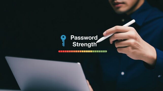 Man using a laptop and stylus to check password strength on a digital interface with a security key icon and a colorful progress
