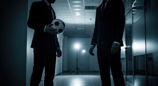 Mysterious men in suits with a soccer ball in a dark corridor.