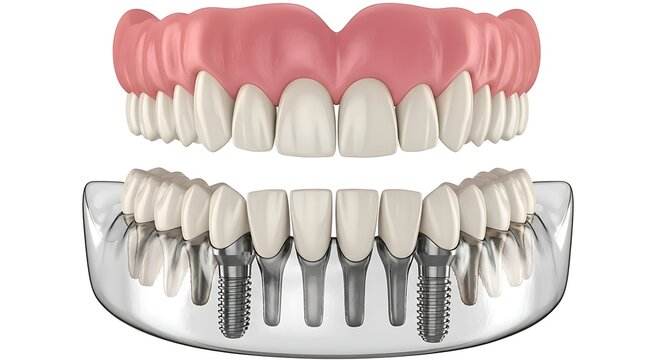 3D visualization of all-on-four dental implants with titanium posts and prosthetic teeth in transparent jawbone, implants