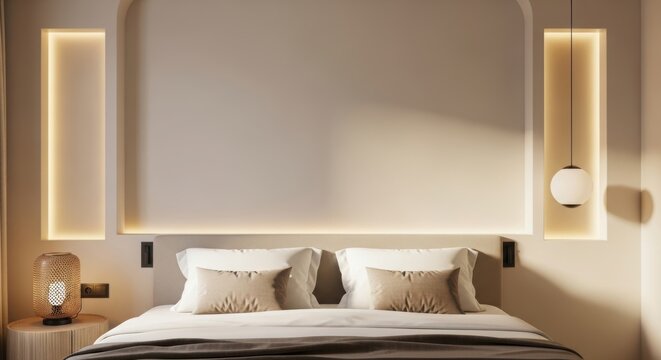 Modern bedroom with large bed white pillows beige decorative pillows and soft ambient lighting from wall recesses and hanging lamp perfect for interior design and hospitality industry