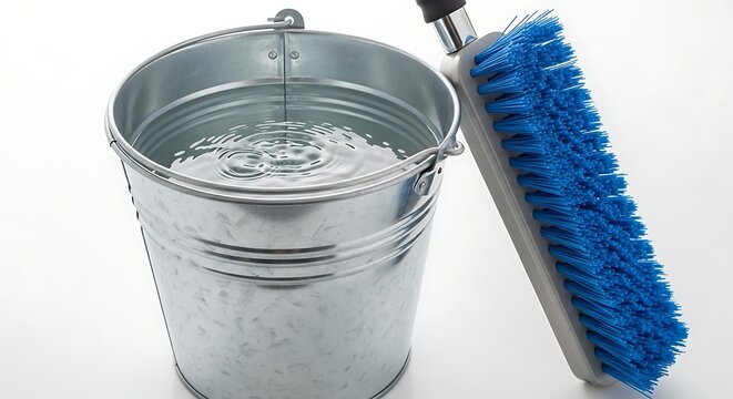 Galvanized metal bucket filled with water next to a blue scrub brush on white background for cleaning and housework concept