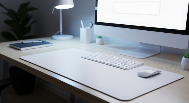Modern home office desk setup with white computer monitor keyboard mouse and mousepad surrounded by notebook pen holder and small plants in a minimalist workspace