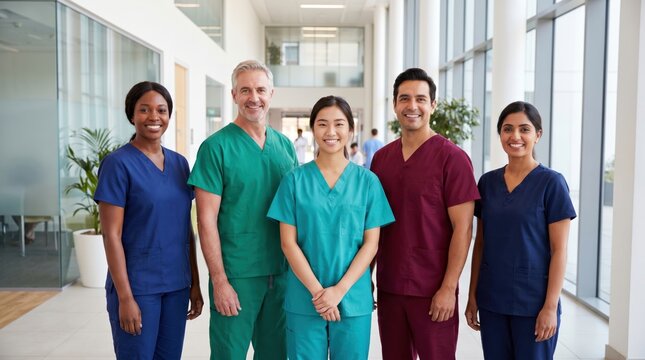 Diverse Group of Smiling Medical Professionals Standing in Hospital Corridor.