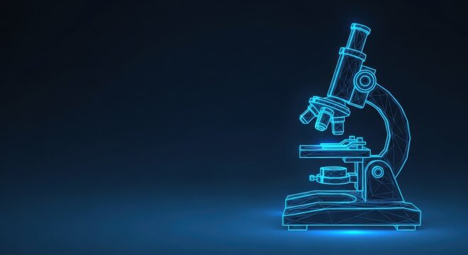 Futuristic neon outline of a science laboratory microscope glowing against a dark blue background, representing scientific discovery and research