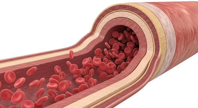 Cross section of human artery showing blood flow and vessel layers with circulatory physiology vascular cardiovascular