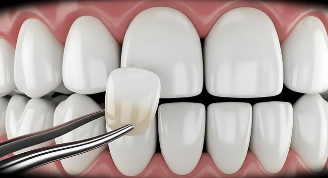 Dentist applying ceramic dental veneer to patient tooth with cosmetic dentistry restoration whitening treatment procedure