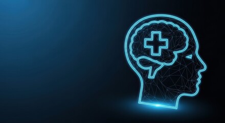 Obraz premium Glowing Outline of a Human Head with a Medical Cross Inside the Brain, Representing Mental Health and Medical Technology