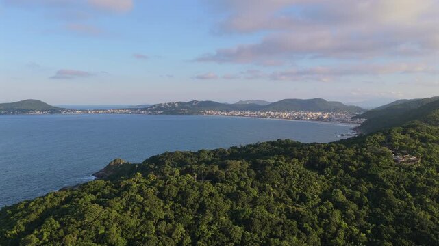 Aerial view from Ponta do Araca over Bombas and Bombinhas coastline in Porto Belo, Santa Catarina, Brazil.