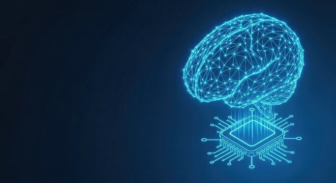 Glowing blue digital brain connected to a futuristic computer chip in a dark technological network.
