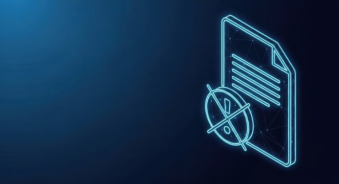 Neon outline of a prohibition symbol over a document icon, representing cancellation or denial