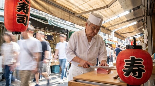 Japanese Sushi Chef Preparing Fresh Tuna at a Bustling Market Stall.