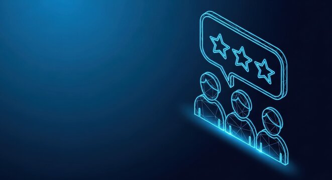 Two people giving a positive customer review with stars and speech bubble