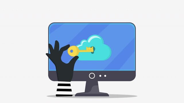 4K animation of cyber attack concept showing hand of hacker stealing cloud access key from computer, symbolizing data breach, hacker attack, online threat, and digital security risk.
