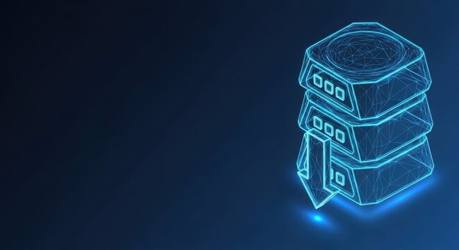 Futuristic glowing wireframe server stack in a digital blue neon environment representing data storage and technology.