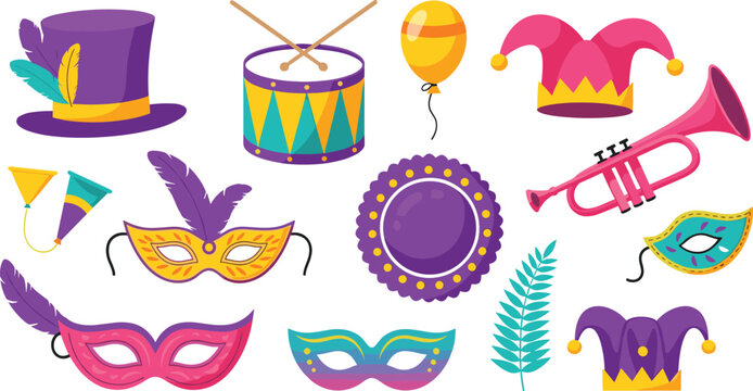 Carnival festival elements vector illustration set including masks hat drum trumpet balloons and decorative accessories isolated on light background for party design