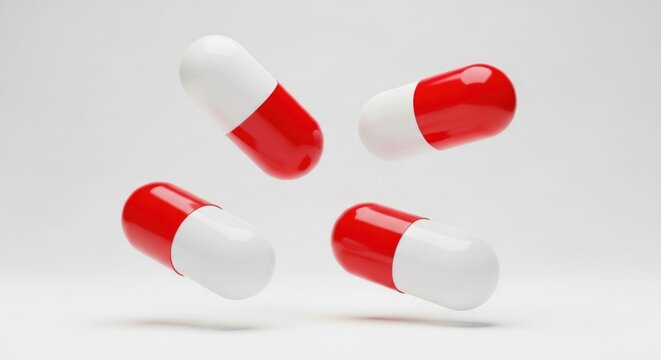 Red and White Capsules Floating in Mid-Air on White Background.