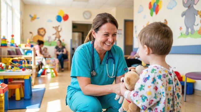 Smiling female nurse interacting with a young child in a colorful playroom setting.