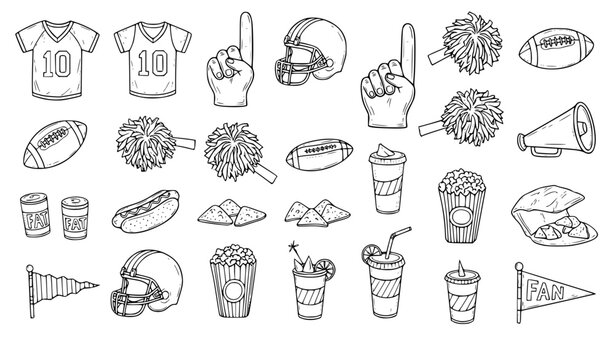 American football doodle set hand drawn sports fan gear helmet ball snack vector illustration