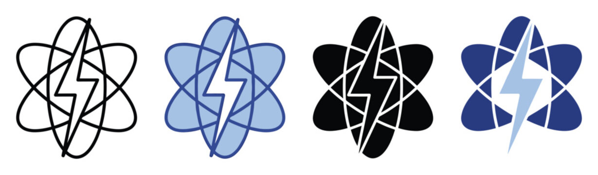 Dynamic atomic orbital and lightning bolt emblem representing energy, science, and electrical power for technological branding and scientific concepts.