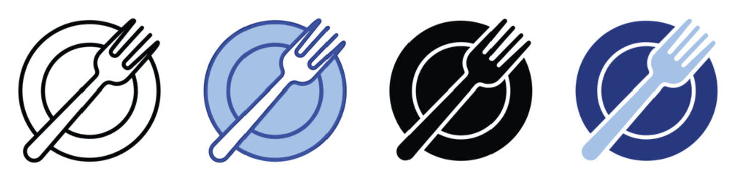 Simple dining plate and fork icon set for menu interfaces, food applications, and restaurant signage concepts