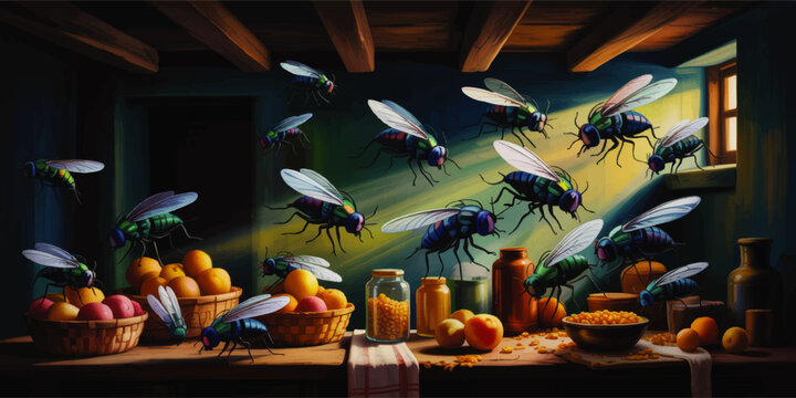 Swarm of house flies invading rustic kitchen with fruit baskets and sunlight, dramatic pest infestation illustration