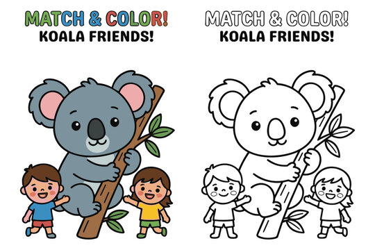 Happy koala with kids match and color activity for children.