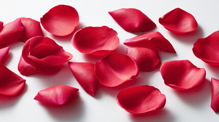 Fototapeta premium Vibrant red rose petals scattered on white surface
