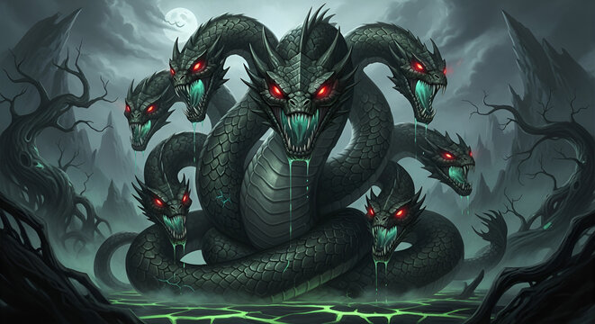 Seven-headed hydra monster with glowing red eyes in dark forest