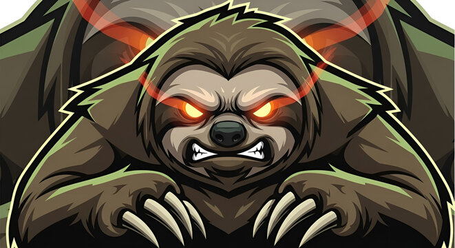 Aggressive sloth mascot illustration with glowing eyes and claws