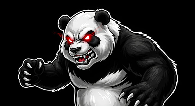 Angry muscular giant panda mascot with glowing red eyes