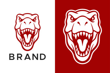 Modern Minimalist Fierce T-Rex Mascot Logo Design, Red Roaring Dinosaur Head Vector Emblem Badge © supergaff