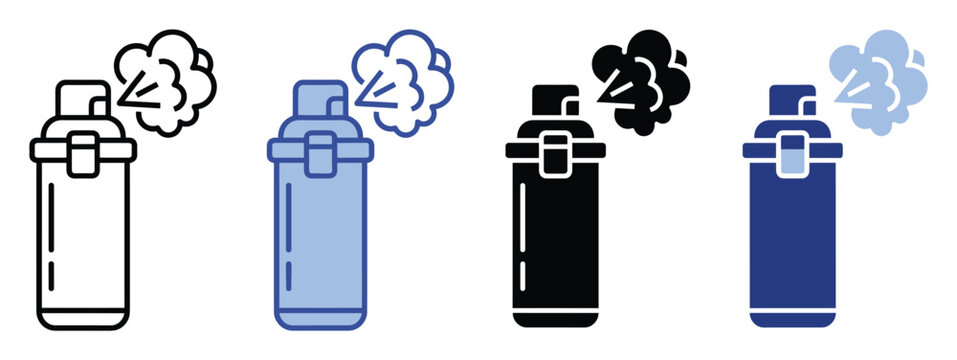 Portable insulated thermos bottle with hot steam icon variations, ideal graphic for travel and hot beverage branding.