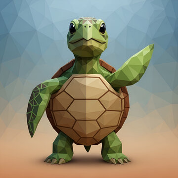 Low poly green sea turtle standing and waving character illustration