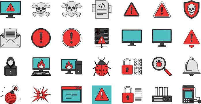 Cyber security warning icons vector set including malware alert hacker bug virus lock shield and system danger symbols isolated on light background