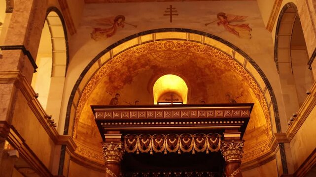 Close-up of the grand altar inside Saint George Maronite Cathedral in Beirut. Golden religious art and sacred architecture reflecting the deep Christian roots of the Lebanese capital 