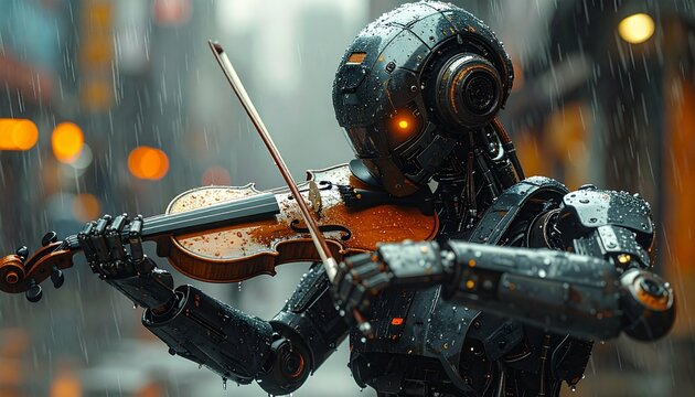 Robot Musician Playing Violin in City.