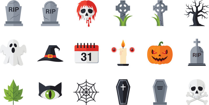Halloween icons vector set featuring skull ghost pumpkin coffin tombstone spider web candle witch hat and spooky elements isolated on light background
