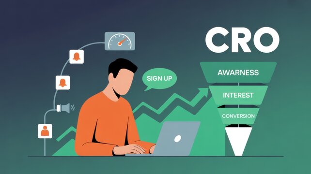 Man using laptop for conversion rate optimization cro funnel with awareness interest and conversion stages data analysis and growth