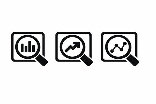 Data analysis icons magnifying glass over charts and graphs
