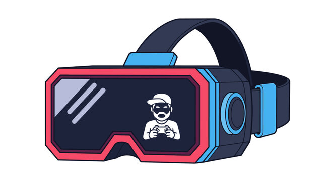Modern virtual reality headset with a gamer character icon illustration.