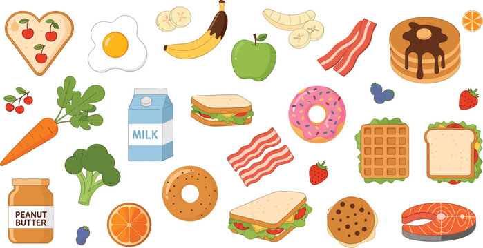 Large set of breakfast and snack food vector illustrations including pancakes donuts sandwiches bacon milk fruits and sweets isolated on light background