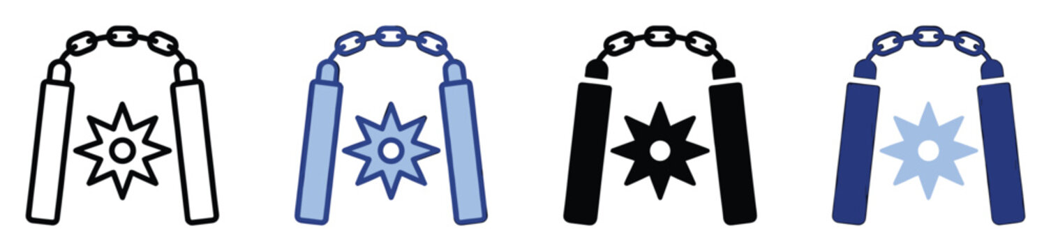 Martial arts nunchaku weapon icons with a shuriken symbol, perfect for gaming or educational materials