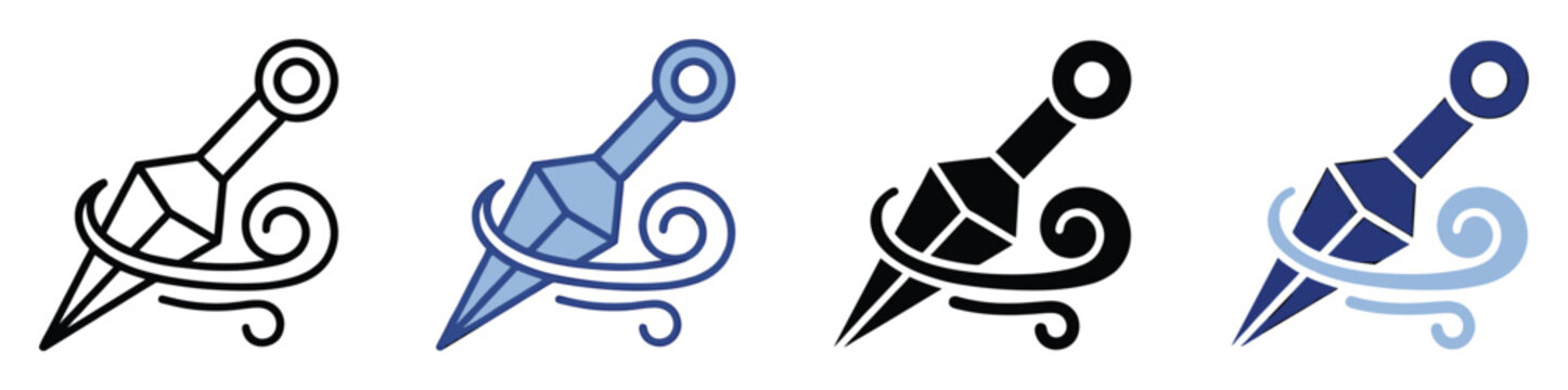 Japanese kunai throwing knife weapon with dynamic swirling wind symbol for martial arts game assets and action graphics