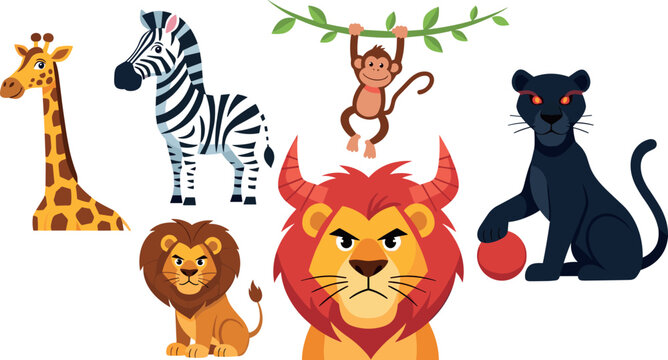 hWild Safari Animal Vector Set Featuring Giraffe, Zebra, Monkey, Lion, Angry Lion, and Black Panther Illustrations for Kids, Education, and Wildlife DesignsWild Safari Animal Vector Set Featuring Gira