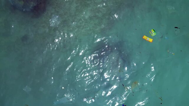 Two sea turtles navigating through significantly polluted ocean water, highlighting marine plastic pollution and environmental impact. Unique aerial view drone camera pointing down
