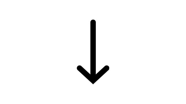 Black down arrow icon on solid white background representing download direction decrease and save concept graphic design