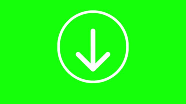 White down arrow icon in circle on bright green background representing download save installation or direction concept